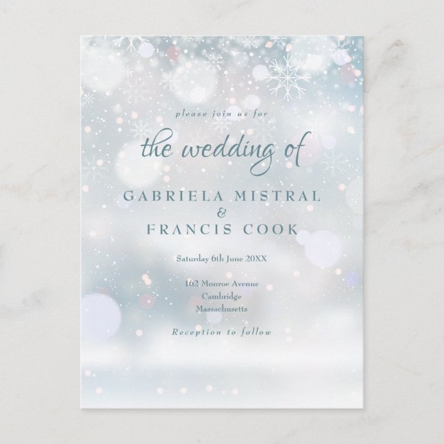 Postal De Invitación Elegante primera boda de invierno con copos de nie (Anverso)
