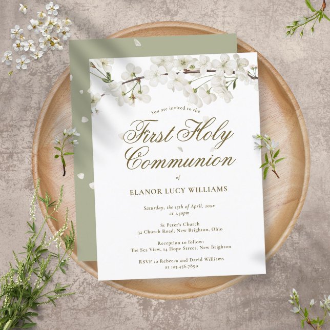 Postal De Invitación Elegante Primera Comunión Blanca Floral (Subido por el creador)