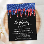 Postal De Invitación Elegante Purpurina azul rojo gotea patriótico cump<br><div class="desc">Invite a amigos y familiares a su fiesta de cumpleaños con estos elegantes purpurinas patrióticos negros, rojos y azules gotea invitaciones para fiestas de cumpleaños y suministros de fiesta. Estas invitaciones de cumpleaños rojas, azules y negras también son perfectas para fiestas de retiro y graduación y celebraciones, solamente cambiar el...</div>