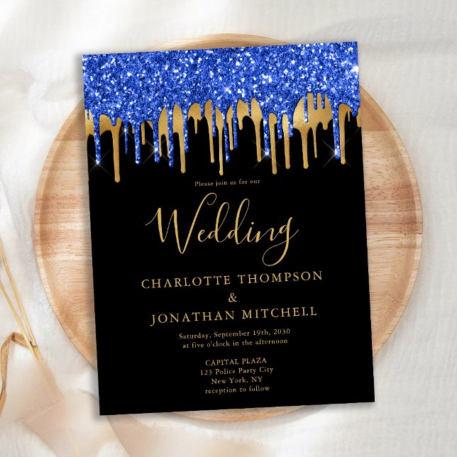 Postal De Invitación Elegante Purpurina de Oro Azul Negro  Dris Boda (Subido por el creador)