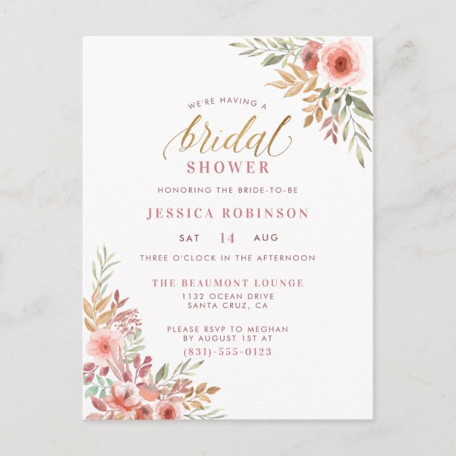 Postal De Invitación Elegante Purpurina dorado Script Floral Bridal Sho (Anverso)