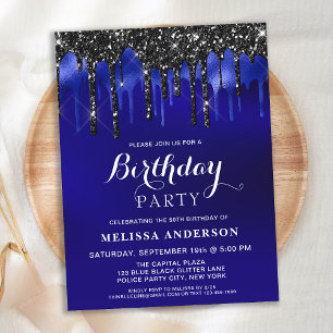 Postal De Invitación Elegante Purpurina negro azul delata fiesta de cum