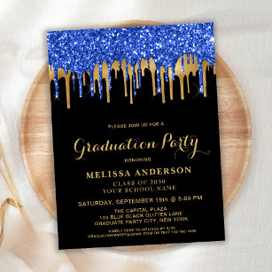 Postal De Invitación Elegante Purpurina negro de oro azul graduación