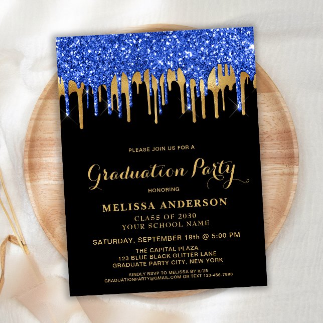 Postal De Invitación Elegante Purpurina negro de oro azul graduación (Subido por el creador)