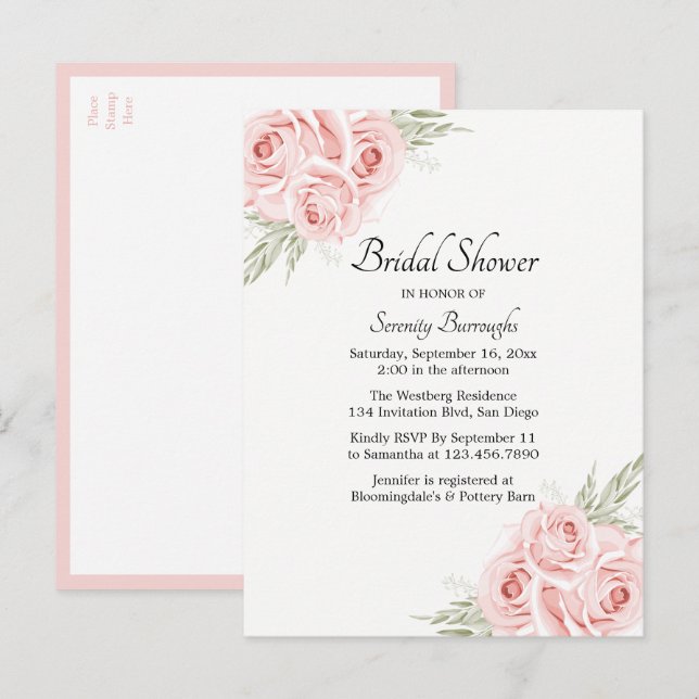 Postal De Invitación Elegante Rosa acuarela Floral rosa ducha de novia (Anverso / Reverso)