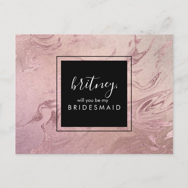 Postal De Invitación Elegante rosa de mármol dorado serás mi dama de ho (Anverso)