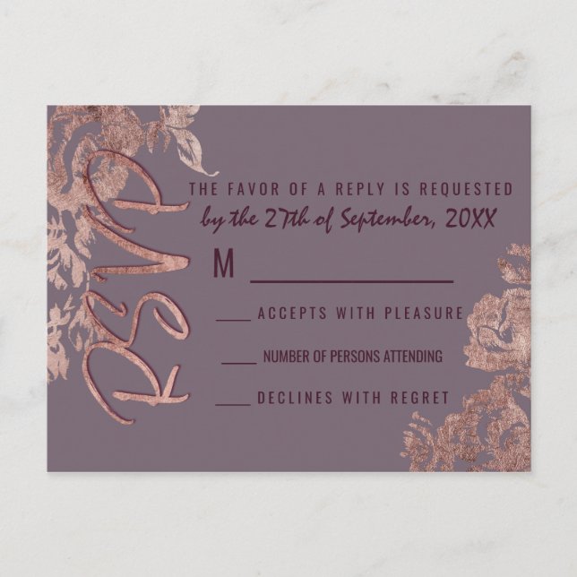 Postal De Invitación Elegante Rosa Dorado Floral Rosa Purpura RSVP (Anverso)
