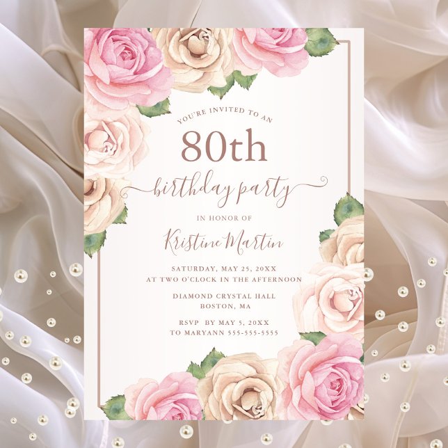 Postal De Invitación Elegante Rosa Gold acuarela Floral 80 cumpleaños (Pink floral 80th birthday party invitation postcard)