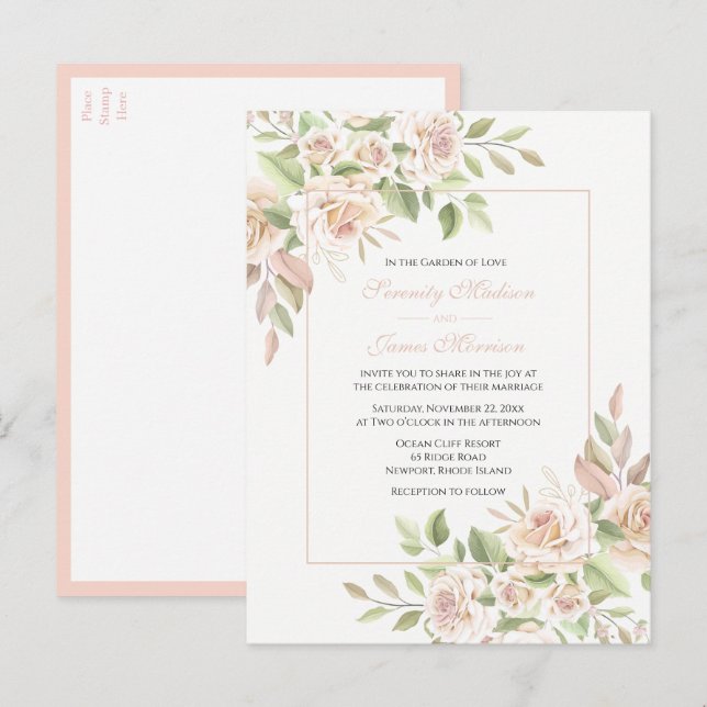 Postal De Invitación Elegante Rosa Jardín Boda Floral Rosa (Anverso / Reverso)