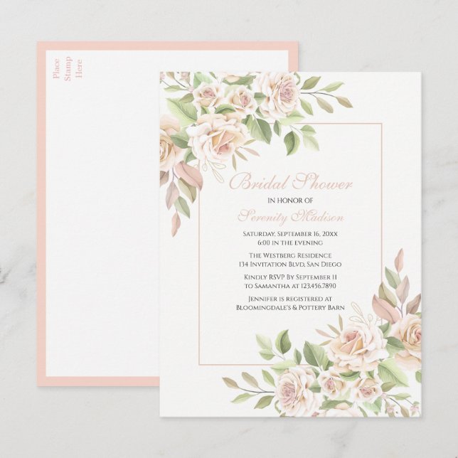 Postal De Invitación Elegante Rosa Jardín Floral Rosa Ducha Bridal (Anverso / Reverso)