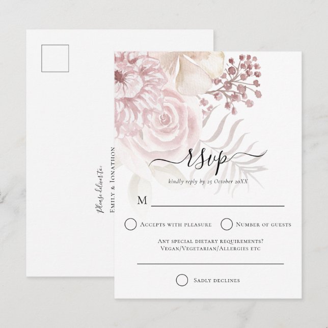 Postal De Invitación Elegante Rosa polvoriento Florals Wedding RSVP (Anverso / Reverso)