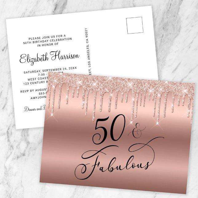 Postal De Invitación Elegante Rosa Purpurina de Oro 50 cumpleaños (Subido por el creador)