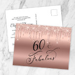 Postal De Invitación Elegante Rosa Purpurina de Oro Fiesta de cumpleaño<br><div class="desc">Moda 60ª invitación postal de la fiesta de cumpleaños con "60 & Fabulous" en un guión elegante y un rosa purpurina de imitación de oro goteando desde arriba. Fácilmente personalizable con su nombre y los detalles de la fiesta de cumpleaños número sesenta en la parte trasera.</div>