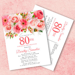 Postal De Invitación Elegante rosa rosa floral 80 cumpleaños