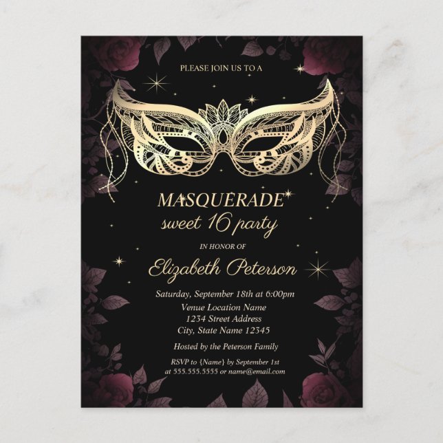Postal De Invitación Elegante Rosas oscuros de Borgoña Dulce negro 16 (Anverso)