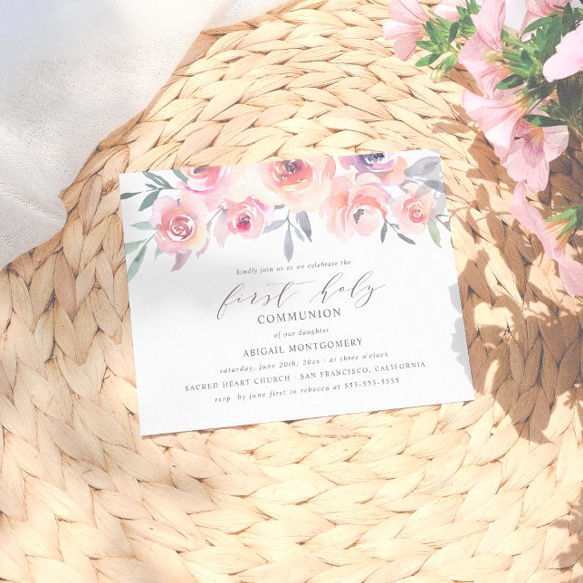Postal De Invitación Elegante Rubor Flores rosas primera comunión sagra (Subido por el creador)