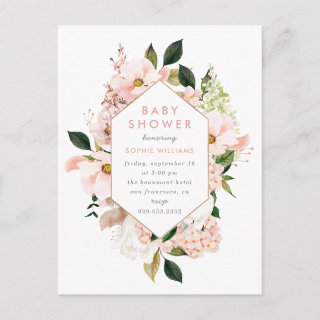 Postal De Invitación Elegante Rubor & Gold Floral Baby Shower (Anverso)