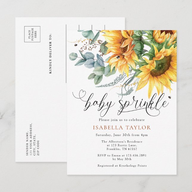 Postal De Invitación Elegante Rústico Girasol Baby Shower Sprinkle (Anverso / Reverso)