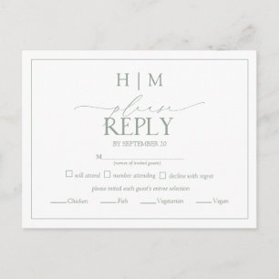 Postal De Invitación Elegante Sage Green Caligraphy Monograma RSVP