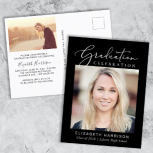 Postal De Invitación Elegante Script Photo Black Graduation Party