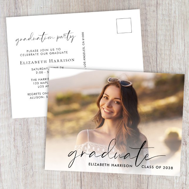 Postal De Invitación Elegante Script Photo Graduation Party (Elegant Script Photo Graduation Party Invitation Postcard)