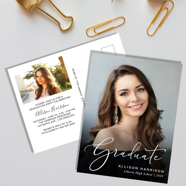 Postal De Invitación Elegante Script Photo Graduation Party (An elegant photo graduation party invitation postcard to celebrate the graduate's achievements)