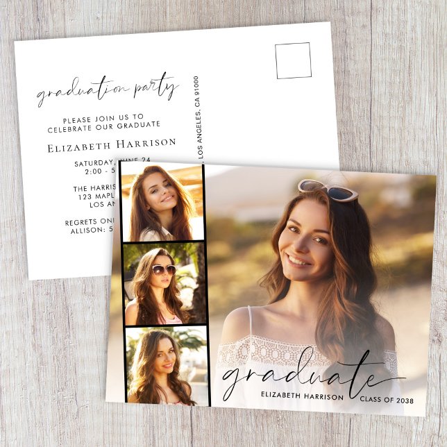 Postal De Invitación Elegante Script Photo Strip Graduation Party (Elegant Script Photo Graduation Party Invitation Postcard)
