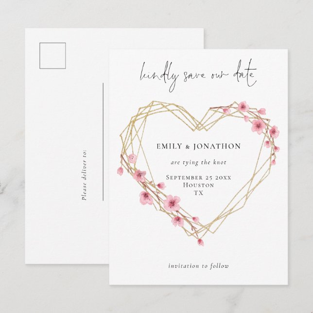 Postal De Invitación Elegante Script Sakura Cherry Blossom Guardar La F (Anverso / Reverso)