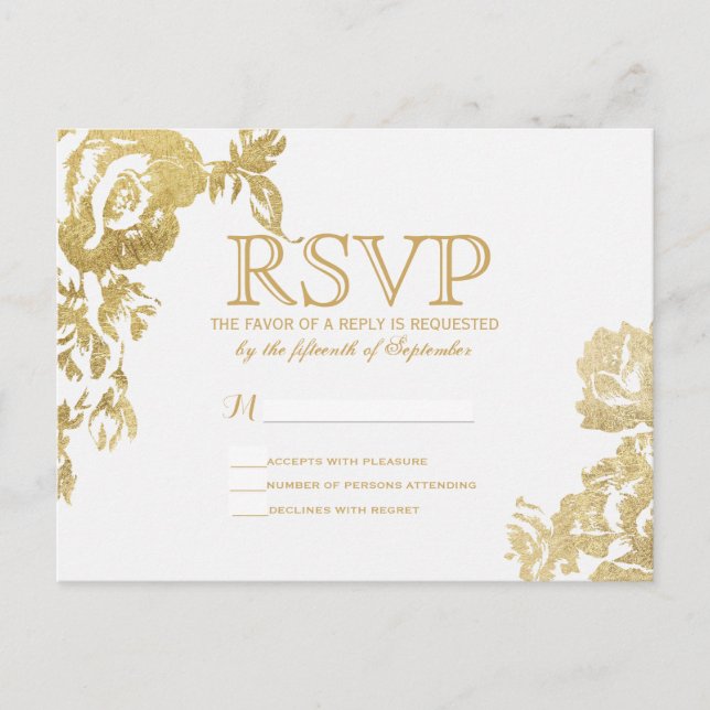 Postal De Invitación Elegante Sencillo Rosa moderno Floral Gold RSVP (Anverso)