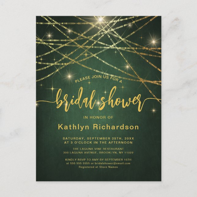 Postal De Invitación Elegante Sparkling Gold String ilumina la ducha de (Anverso)