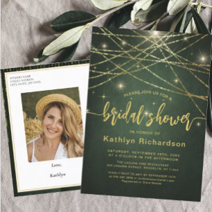 Postal De Invitación Elegante Sparkling Gold String ilumina la ducha de