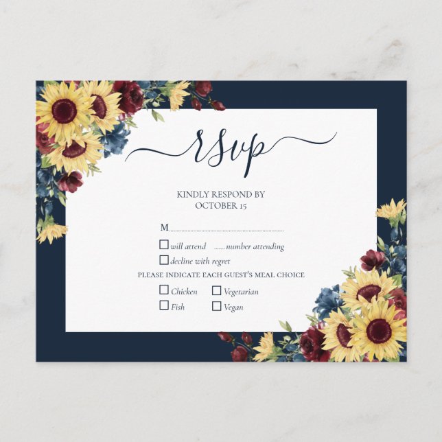 Postal De Invitación Elegante Sunflower Burgundy Marina Boda Azul RSVP (Anverso)