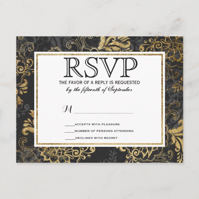 Postal De Invitación Elegante Swanky Faux Gold, Black & Grey Floral (Anverso)