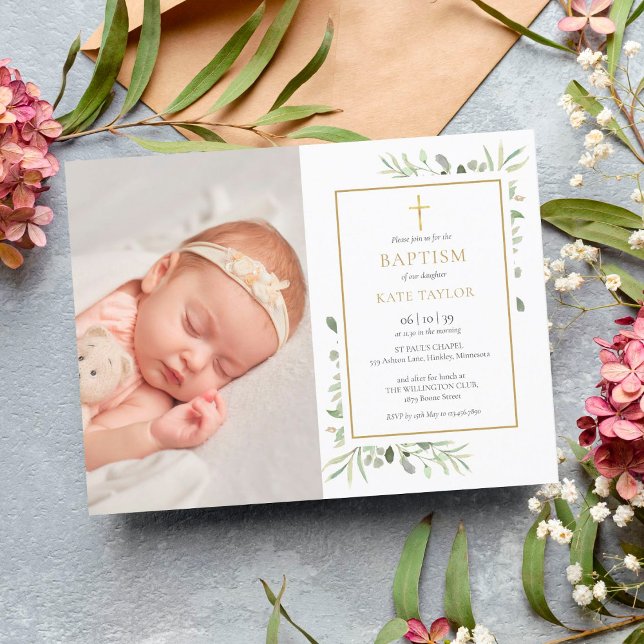 Postal De Invitación Elegante vegetación bautismo Christening Photo (Subido por el creador)