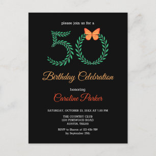 Postal De Invitación Elegante vegetación mariposa botánica 50 cumpleaño