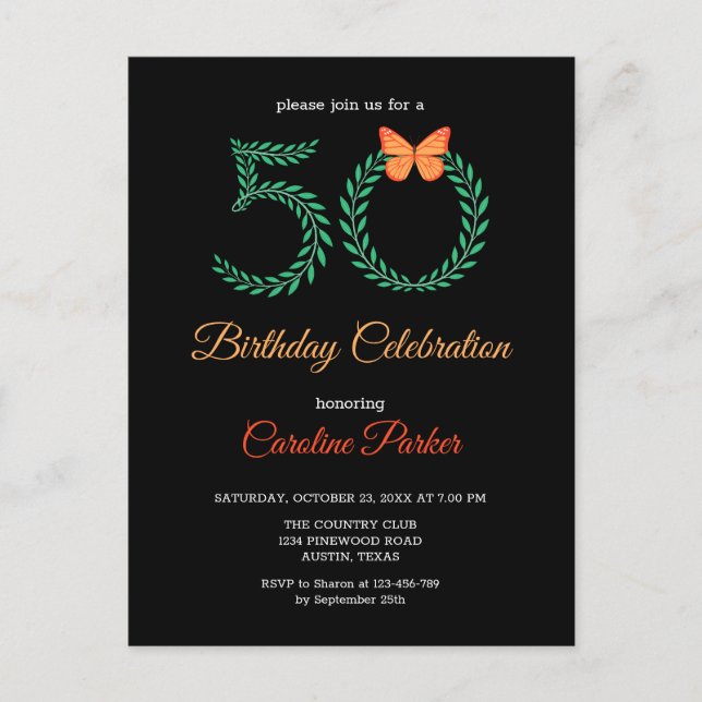 Postal De Invitación Elegante vegetación mariposa botánica 50 cumpleaño (Anverso)
