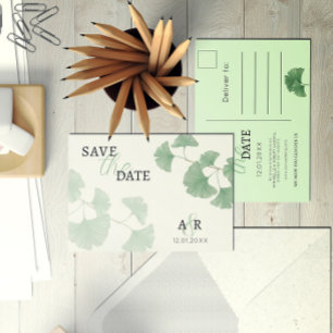 Postal De Invitación Elegante Verde Polvoriento Floral Ginkgo Save the 