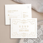 Postal De Invitación Elegante y clásico matrimonio vintage RSVP<br><div class="desc">Elegancia vintage ornamentar diseño de marco giratorio en color dorado sobre fondo blanco editable. Patrón Damask con diseño monograma en la parte posterior, moderno, elegante y elegante, perfecto para bodas vintage, boda art deco todo el año. Color de fondo editable para que coincida con los colores del tema boda. Vea...</div>