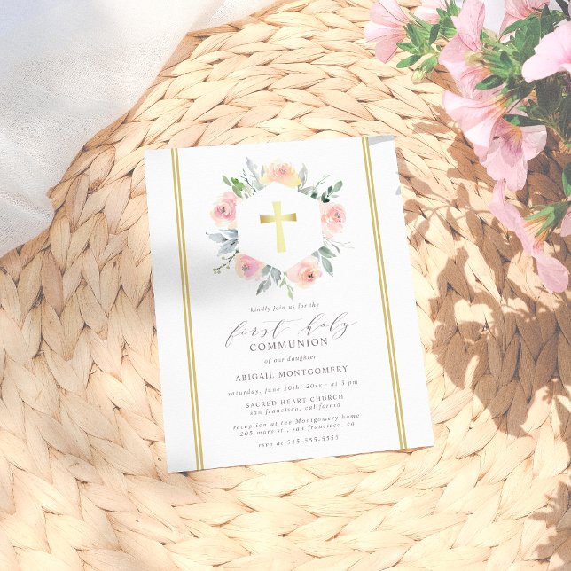 Postal De Invitación Elegante y moderna Floral de oro Primera Comunión  (Subido por el creador)