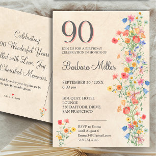 Postal De Invitación Elegante y suave floral 90 años de fiesta de cumpl