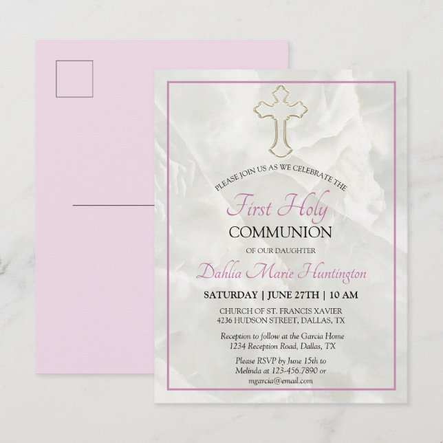 Postal De Invitación Elegantes Chicas Rosa De Mármol Primero Comunión S (Anverso / Reverso)