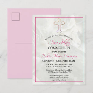 Postal De Invitación Elegantes Chicas Rosa De Mármol Primero Santa Comu