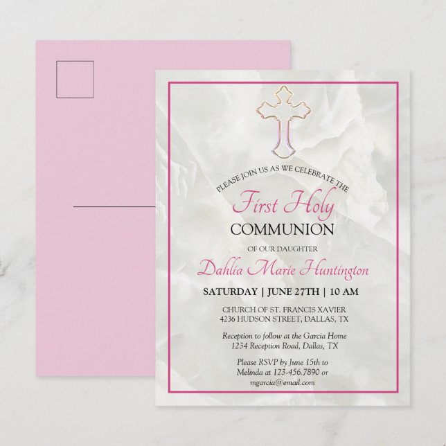 Postal De Invitación Elegantes Chicas Rosa De Mármol Primero Santa Comu (Anverso / Reverso)