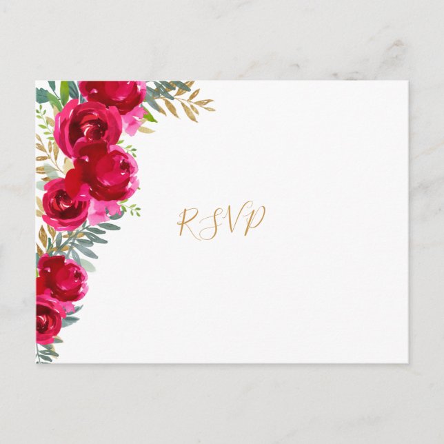 Postal De Invitación Elegantes flores de fucsia doradas para RSVP de bo (Anverso)