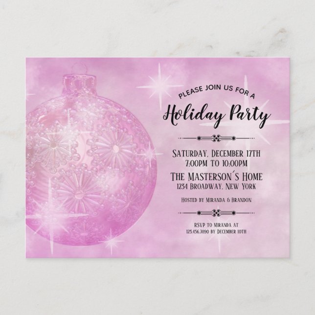 Postal De Invitación Elegantes Navidades rosados bauble fiesta de vacac (Anverso)