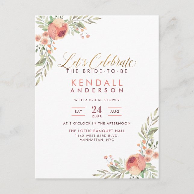 Postal De Invitación Elegantes Rosas de acuarela Floral Bridal Shower (Anverso)