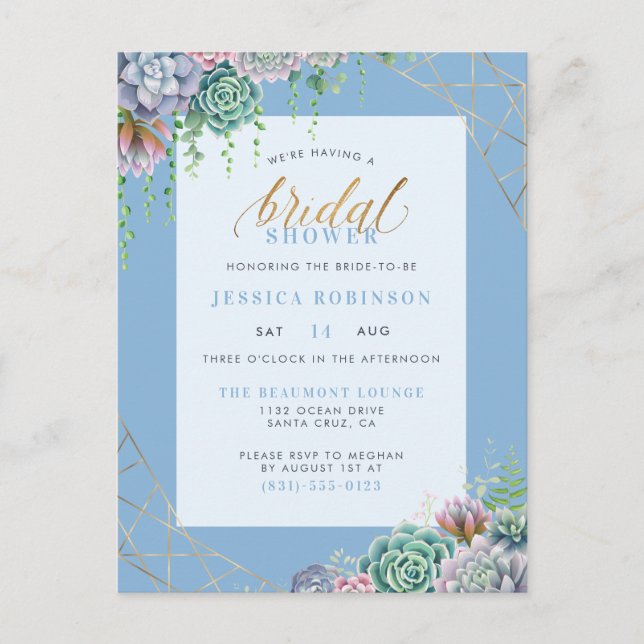 Postal De Invitación Elegantes suculentos azules y ducha de novia con m (Anverso)