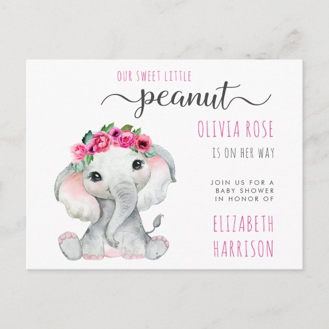 Postal De Invitación Elephant Floral Rosa Bebé Chica Ducha (Anverso)