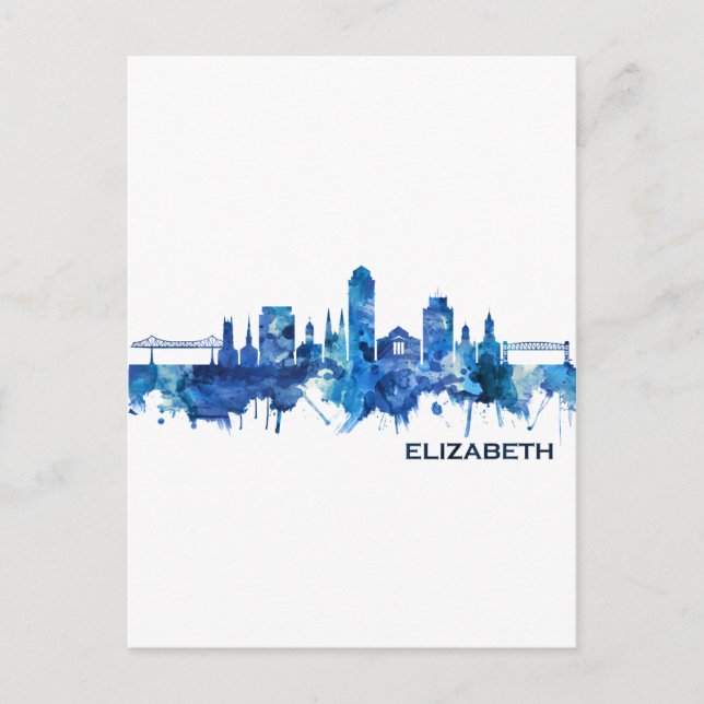 Postal De Invitación Elizabeth New Jersey Skyline Blue (Anverso)