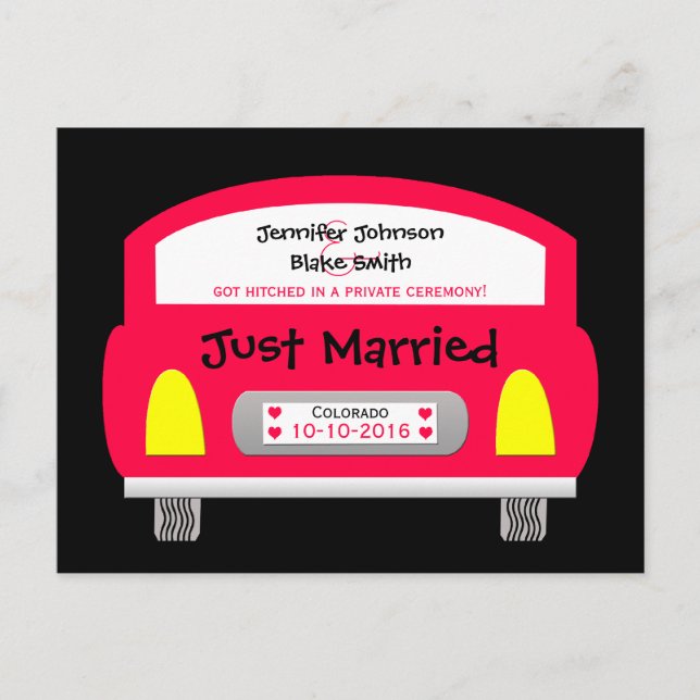 Postal de Invitación Elopement boda - Coche rojo (Anverso)